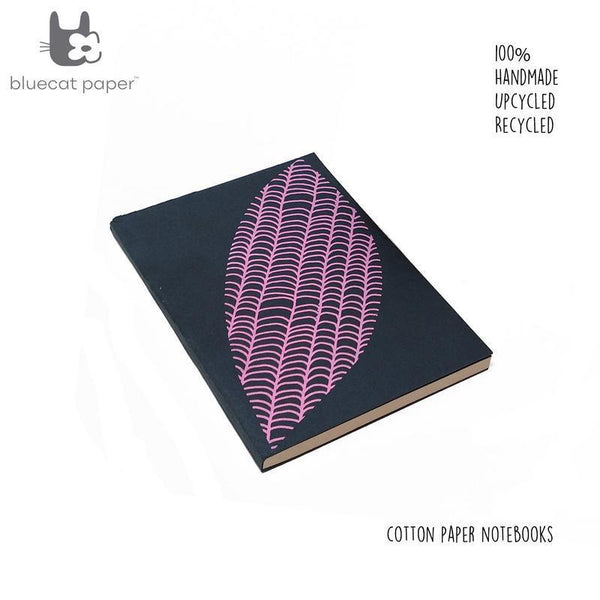Handmade Paper Notebook - Dark Grey With Pink Leaf Motif (100 pages)