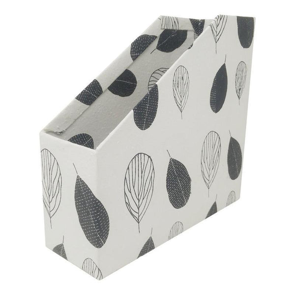 Handmade Recycled Paper File and Magazine Holder - White with Grey Leaf Print