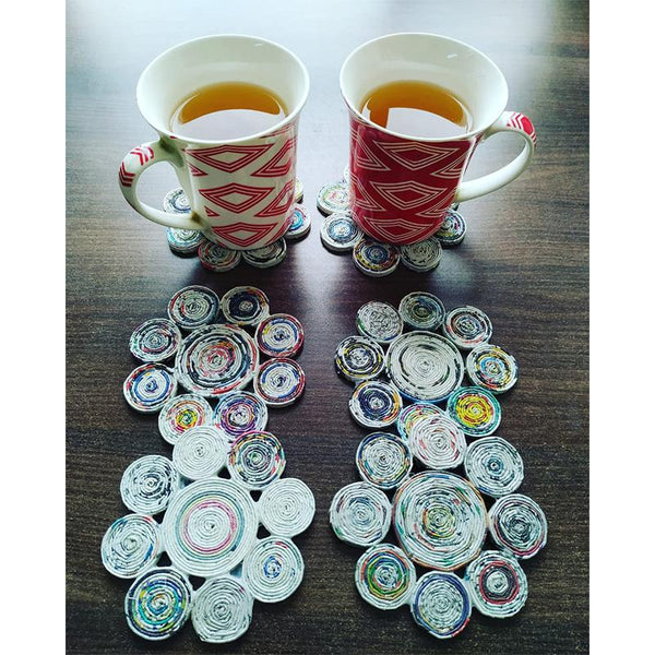 Upcycled Newspaper Coasters Handcrafted by Women Artisans - Floral Design (Pack of 6)