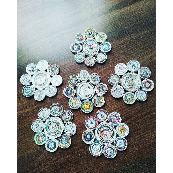 Upcycled Newspaper Coasters Handcrafted by Women Artisans - Floral Design (Pack of 6)