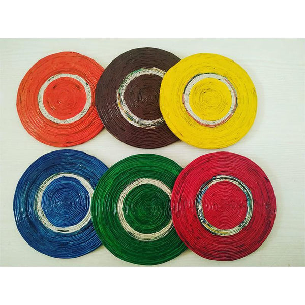 Upcycled Newspaper Coasters Handcrafted by Women Artisans - Round Multicolour (Pack of 6)