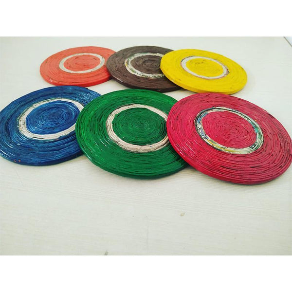 Upcycled Newspaper Coasters Handcrafted by Women Artisans - Round Multicolour (Pack of 6)