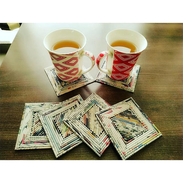 Upcycled Newspaper Coasters Handcrafted by Women Artisans - Square (Pack of 6)