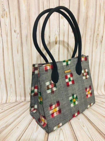 Handwoven Ikat Box Handbag - Grey with Multicoloured Checks