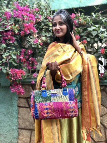 Handwoven Ikat and Kantha Duffle Bag in Pink Silk