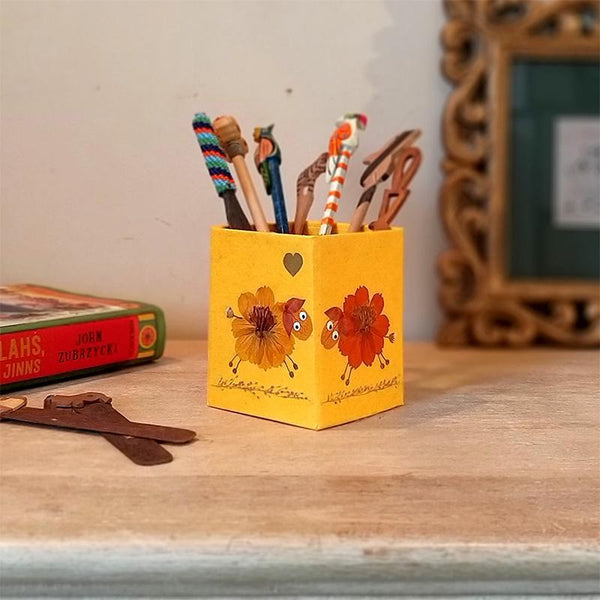 Handcrafted Pencil Holder with Handpressed Flowers (Yellow Lamb)