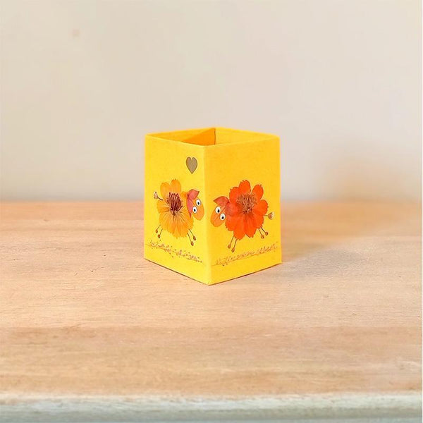 Handcrafted Pencil Holder with Handpressed Flowers (Yellow Lamb)