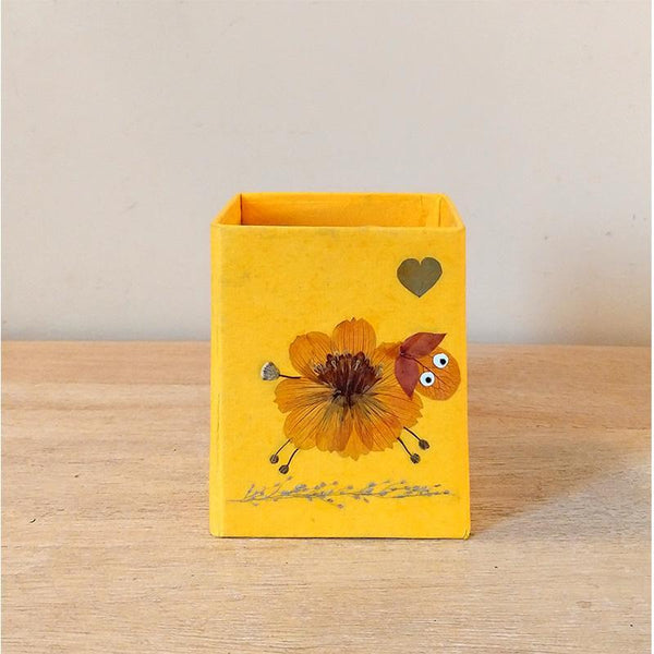 Handcrafted Pencil Holder with Handpressed Flowers (Yellow Lamb)