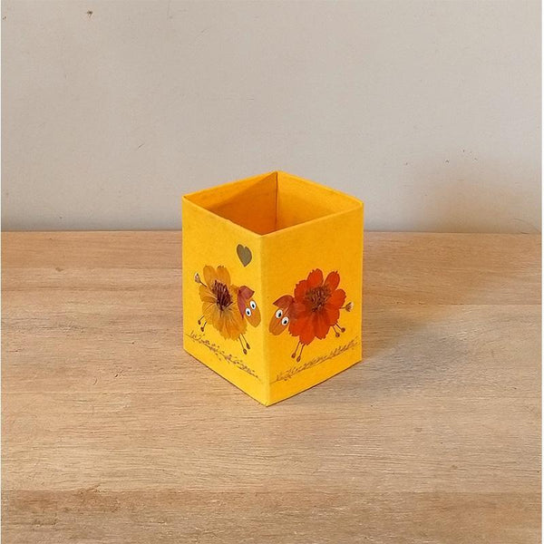 Handcrafted Pencil Holder with Handpressed Flowers (Yellow Lamb)