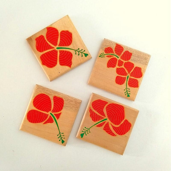 Handpainted Wooden Pattachitra Coasters (Hibiscus Print) -Set of 4
