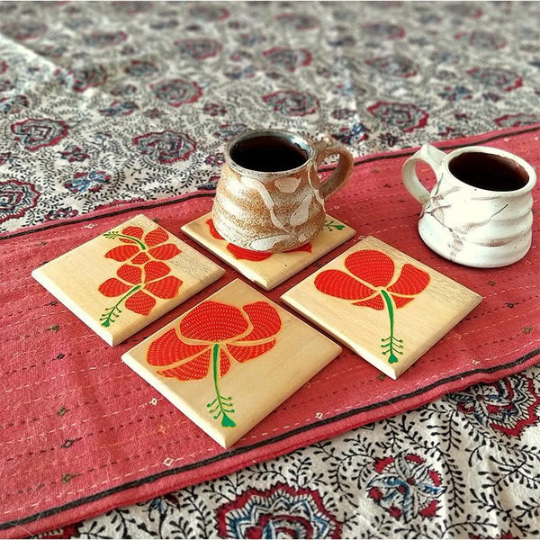 Handpainted Wooden Pattachitra Coasters (Hibiscus Print) -Set of 4