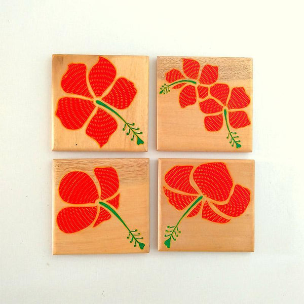 Handpainted Wooden Pattachitra Coasters (Hibiscus Print) -Set of 4