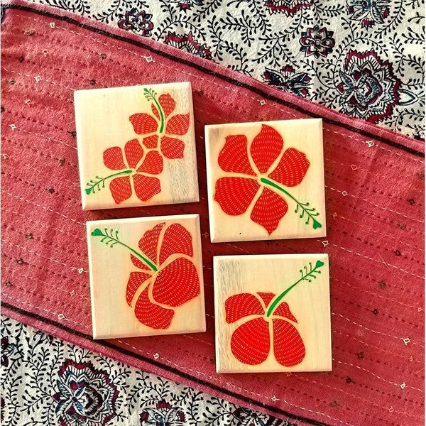 Handpainted Wooden Pattachitra Coasters (Hibiscus Print) -Set of 4