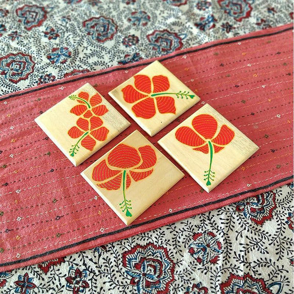 Handpainted Wooden Pattachitra Coasters (Hibiscus Print) -Set of 4