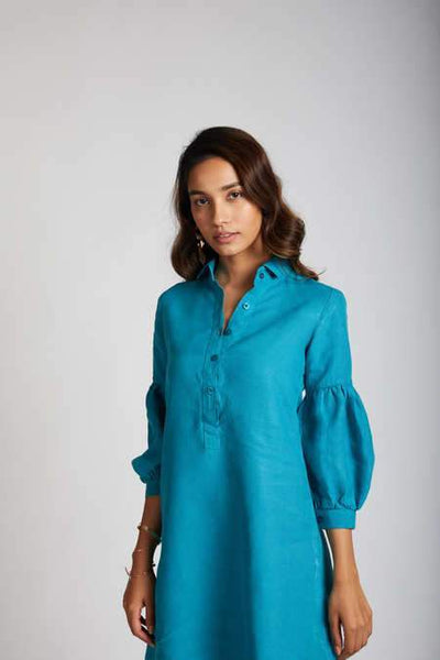 Women's Natural Hemp Legomutton Shirt Dress - Teal