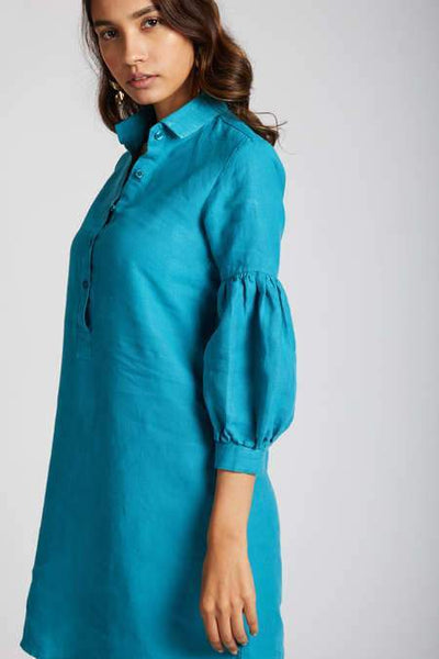 Women's Natural Hemp Legomutton Shirt Dress - Teal