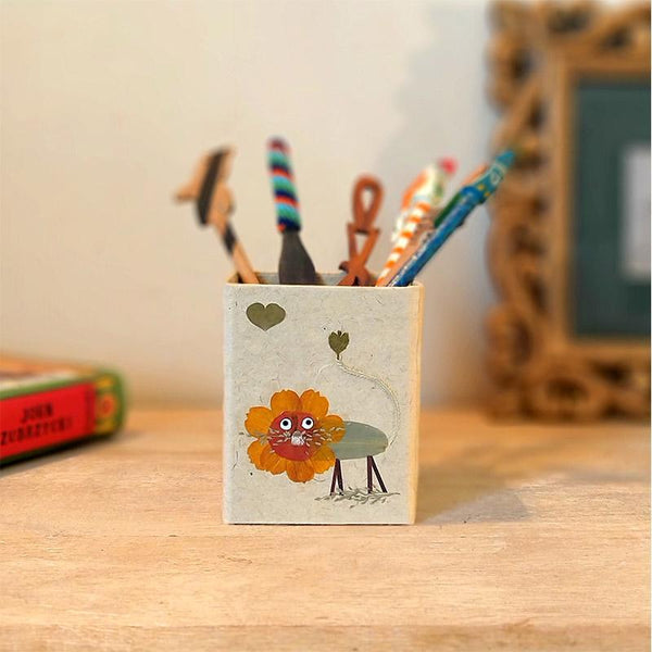 Handcrafted Pencil Holder with Handpressed Flowers (Brown Lion)