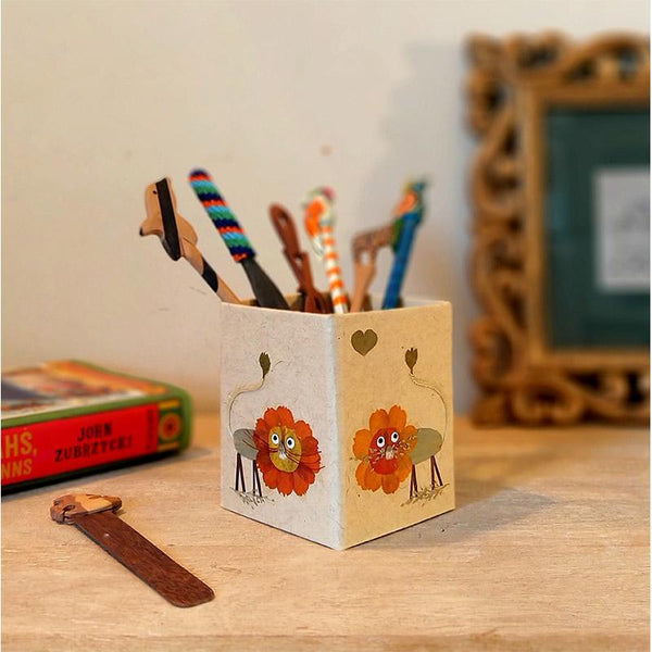 Handcrafted Pencil Holder with Handpressed Flowers (Brown Lion)