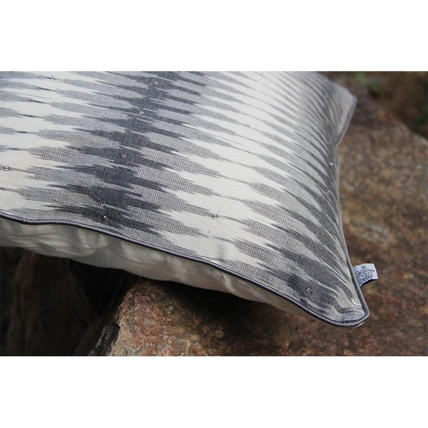 Ikat Cushion Cover Created by Dabu and Handblock Print Artisans in Rajasthan - Shades of Grey
