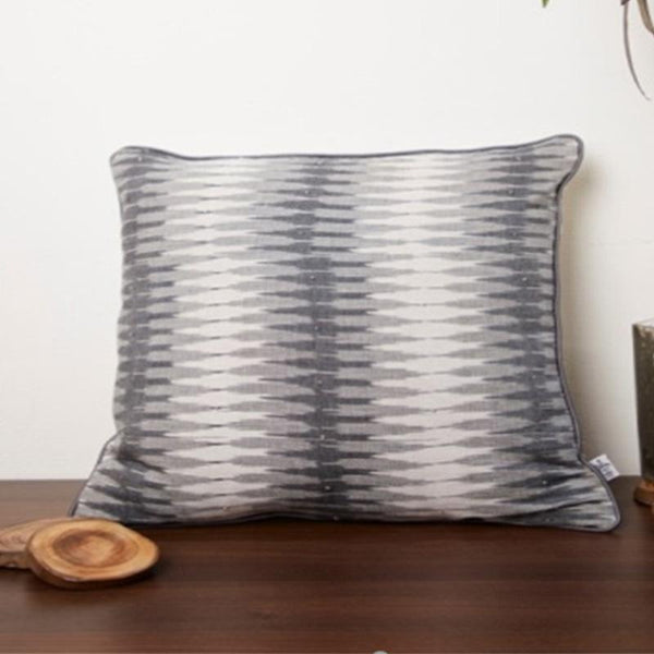 Ikat Cushion Cover Created by Dabu and Handblock Print Artisans in Rajasthan - Shades of Grey