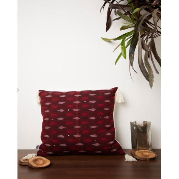 Ikat Cushion Cover Created by Dabu and Handblock Print Artisans in Rajasthan - Maroon