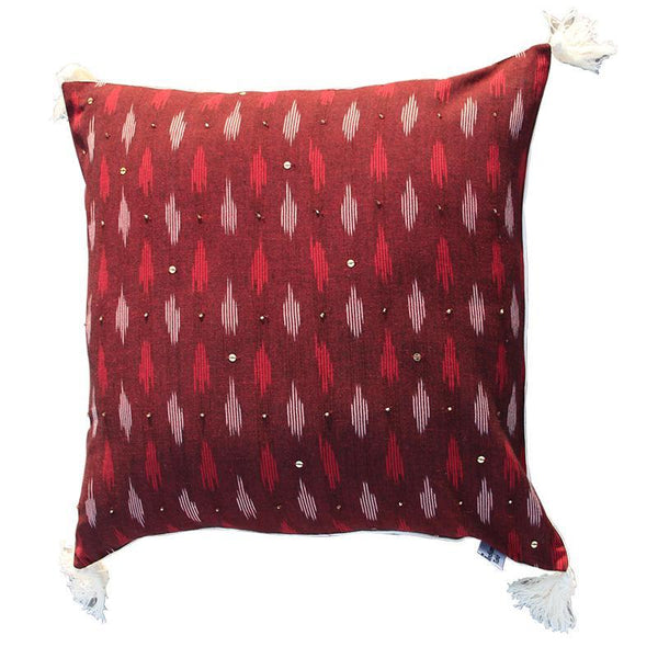 Ikat Cushion Cover Created by Dabu and Handblock Print Artisans in Rajasthan - Maroon