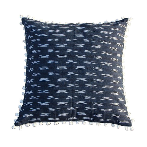 Ikat Cushion Cover Created by Dabu and Handblock Print Artisans in Rajasthan - Blue and White