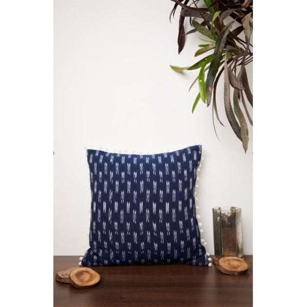 Ikat Cushion Cover Created by Dabu and Handblock Print Artisans in Rajasthan - Blue and White