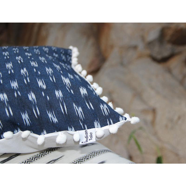 Ikat Cushion Cover Created by Dabu and Handblock Print Artisans in Rajasthan - Blue and White