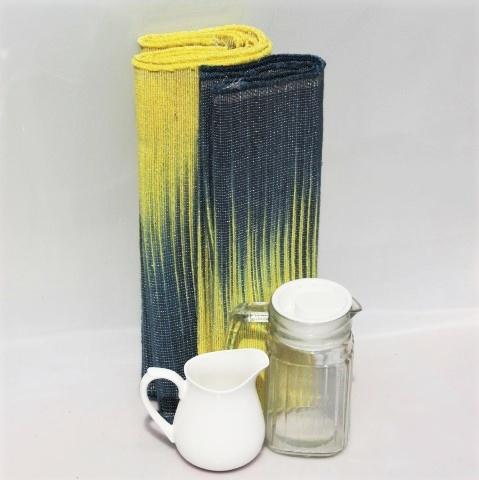 Set of Handwoven Hibiscus Fibre Runner and 6 Placemats (Blue and Yellow)