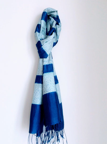 Handloom Electric Blue Tussar Silk Weaving Shibori Striped Stole created by traditional artisans from East India