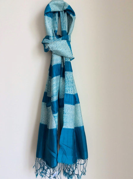 Handloom Aquamarine Tussar Silk Weaving Shibori Stole created by traditional artisans from East India