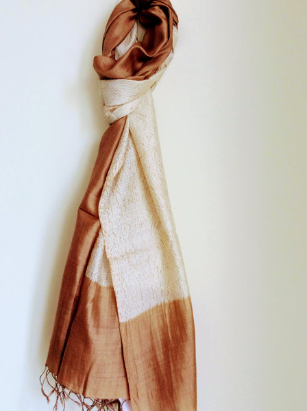 Iced Coffee Handloom Tussar Silk Weaving Shibori Stole created by traditional artisans from East India