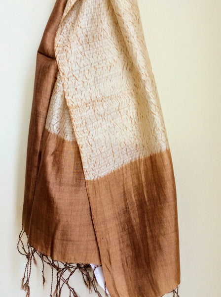 Iced Coffee Handloom Tussar Silk Weaving Shibori Stole created by traditional artisans from East India
