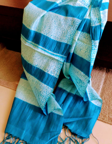 Handloom Aquamarine Tussar Silk Weaving Shibori Stole created by traditional artisans from East India