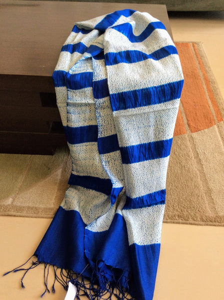 Handloom Electric Blue Tussar Silk Weaving Shibori Striped Stole created by traditional artisans from East India