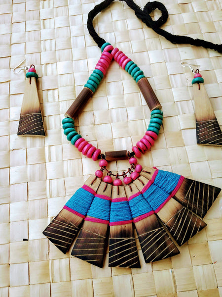 Handmade Blue Pink Bamboo Tribal jewellery set