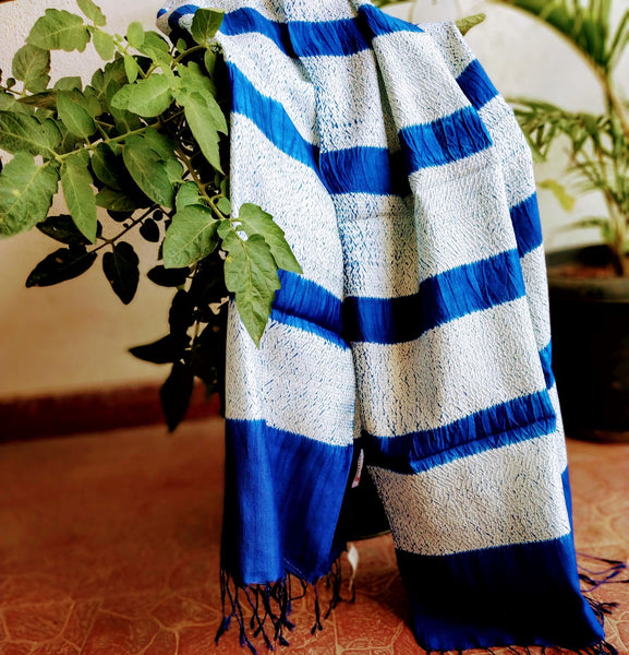 Handloom Electric Blue Tussar Silk Weaving Shibori Striped Stole created by traditional artisans from East India