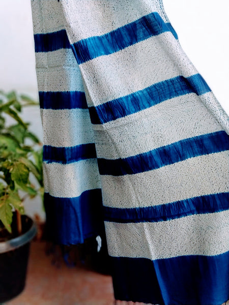 Handloom Electric Blue Tussar Silk Weaving Shibori Striped Stole created by traditional artisans from East India