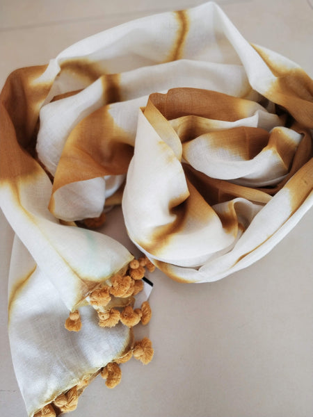Ivory Mustard Handloom Tussar Cotton hand-dyed Shibori Stole with pompoms