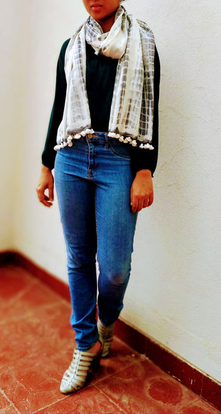 Ivory Grey Handloom Tussar Cotton Hand dyed Shibori Stole with pompoms