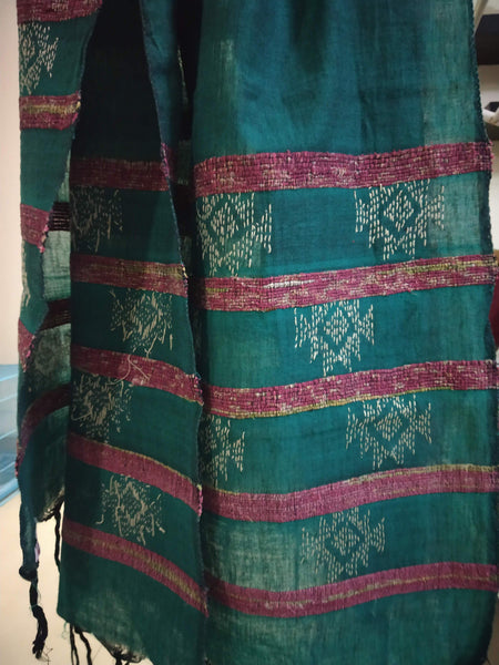Handloom Khesh Cotton Kantha Embroidered Stole - Green