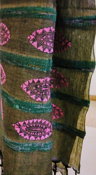 Handloom Khesh Cotton Kantha Embroidered Stole - Moss Green & Pink