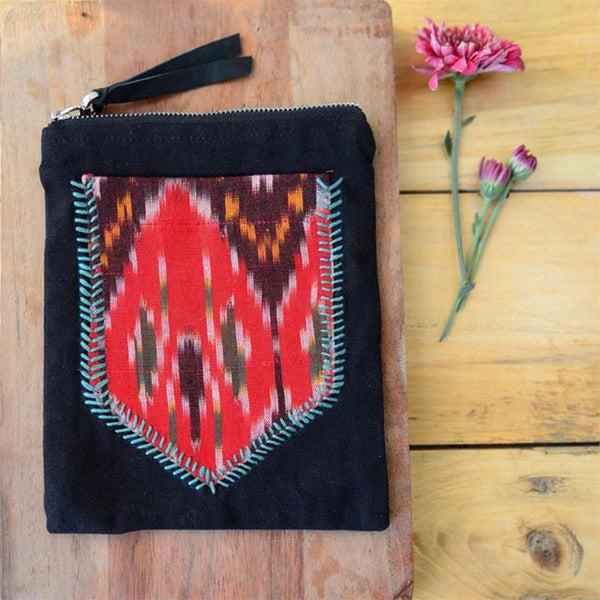 Upcycled Ikat Print Essentials Pouch - Black