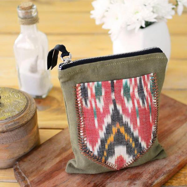 Upcycled Ikat Print Essentials Pouch - Grey
