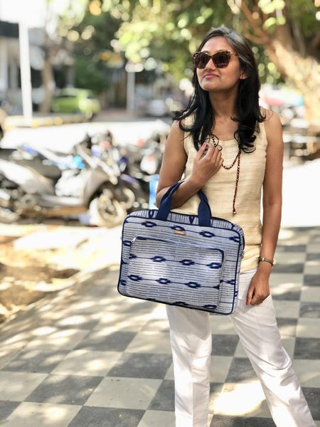 Handwoven Ikat Laptop Bag - Blue and Grey