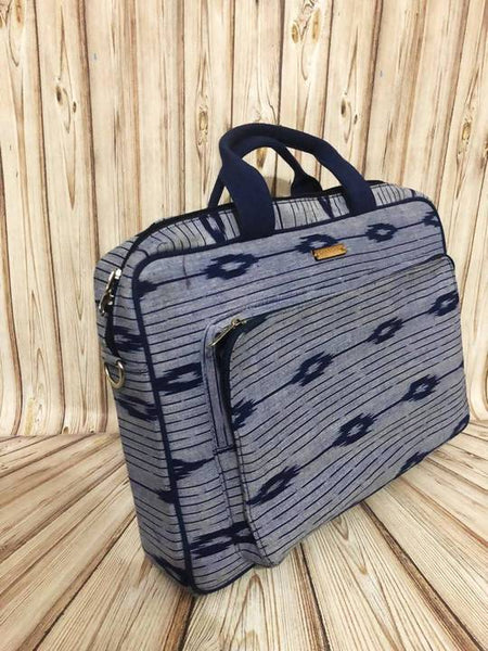 Handwoven Ikat Laptop Bag - Blue and Grey