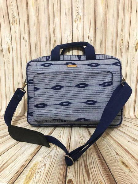 Handwoven Ikat Laptop Bag - Blue and Grey