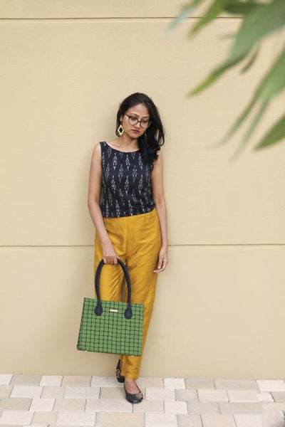 Handwoven Mangalagiri Box Bag - Green Checks