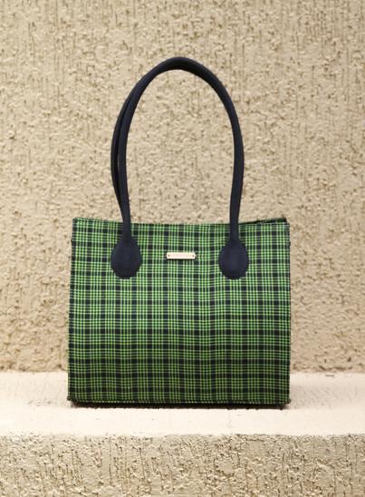 Handwoven Mangalagiri Box Bag - Green Checks